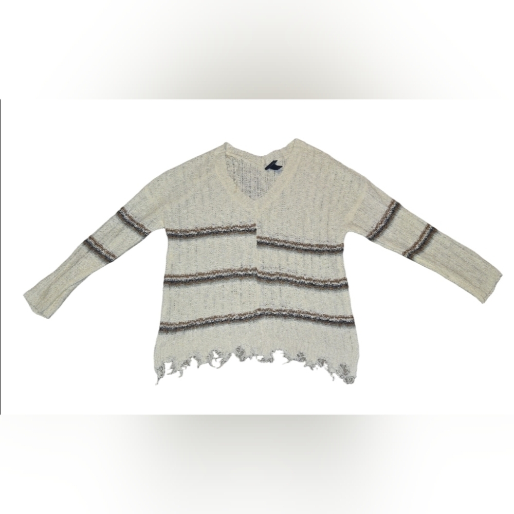 The Buckle Daytrip Cream Striped Open Knit VNeck Sweater Distressed Fringe Hem S